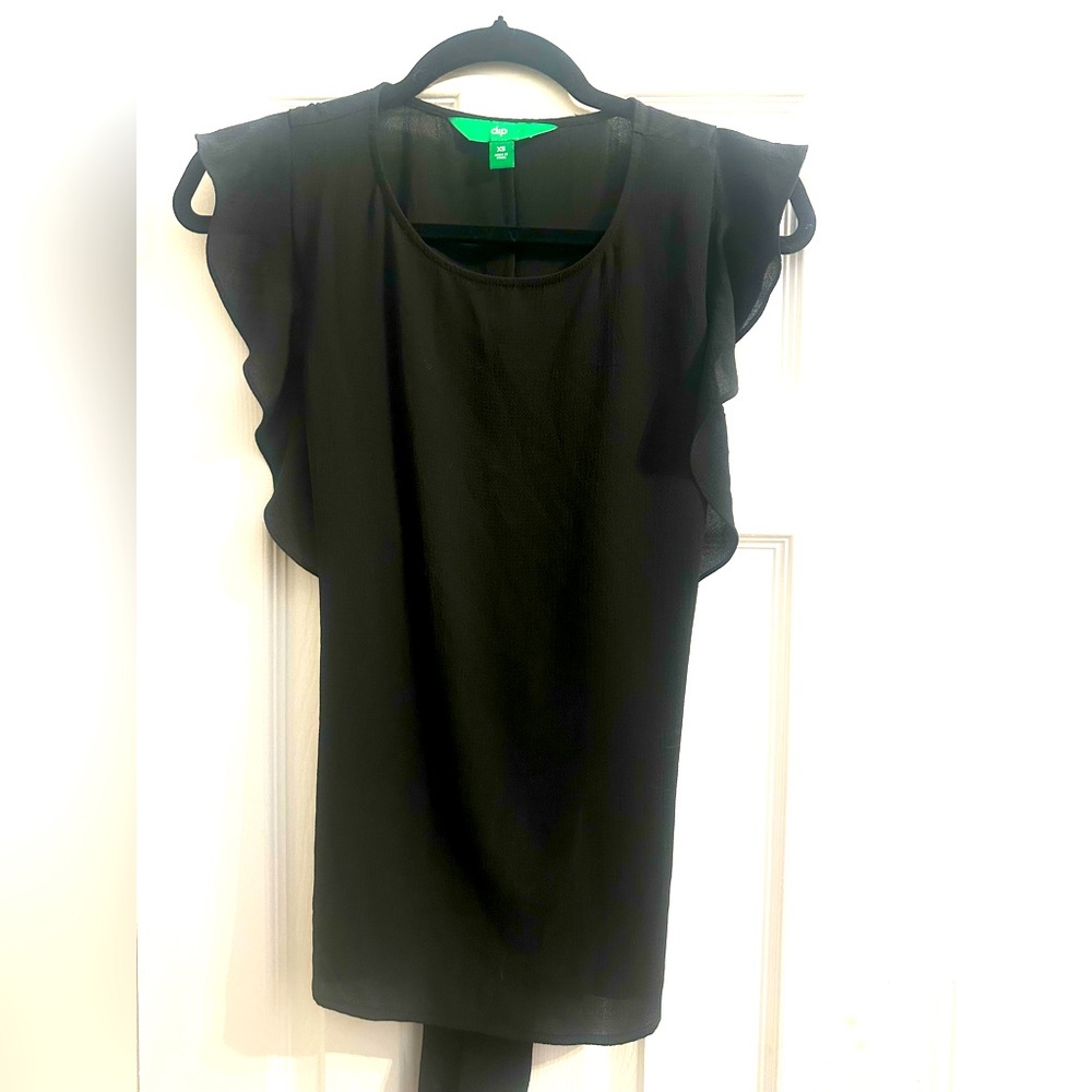 Dress shirt , black , not completely sheer. Tie waist.